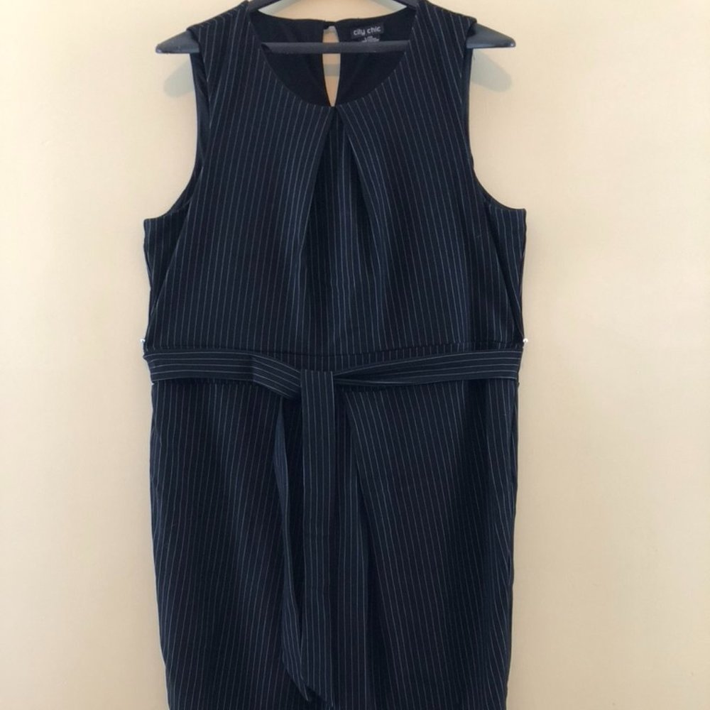 City Chic Pinstripe Midi Dress with Tie Front